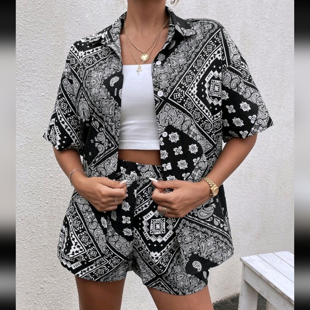 Black & White Bandana Print Two-Piece Set- Size M